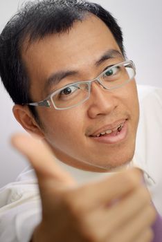 Good gesture holding by mature business man, closeup portrait of Asian.