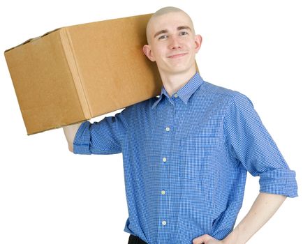 Man with cardboard box on the white background