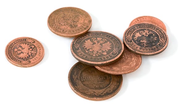 Antique bronze Russian coin on the white background