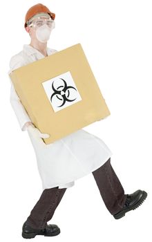 Man in doctor's smock and cardboard box with biohazard on white