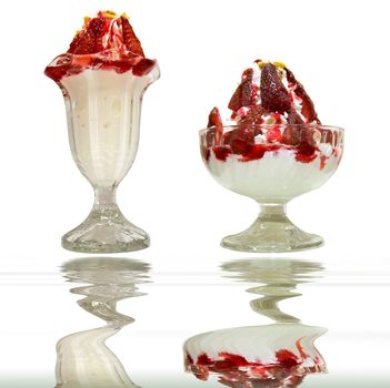 Strawberry ice cream cups with reflection on with background. (Path Included)