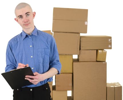 Man with tablet on hands and pile cardboard boxes