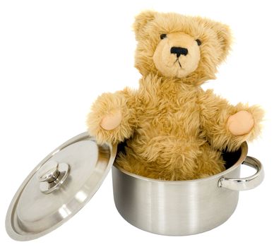 Toy brown bear in saucepan on the white background