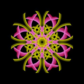A pink and green stylized floral fractal floating on a black background.