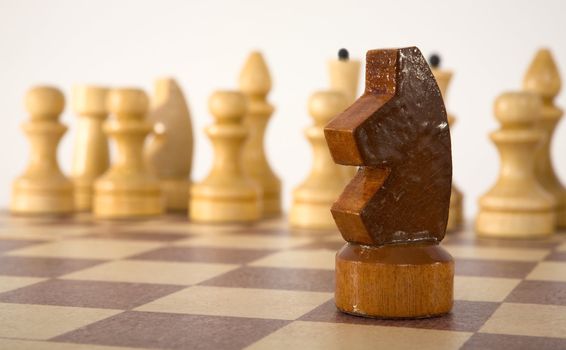 Brown wooden chess knight on a white background