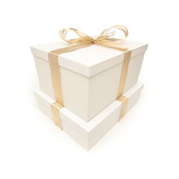 Stacked White Gift Boxes with Gold Ribbon and Bow Isolated on a White Background.