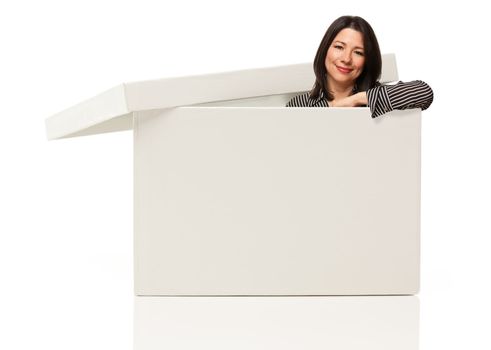 Pretty Multiethnic Woman Standing Inside Blank White Box Isolated on a White Background - Box Ready for Your Own Message.
