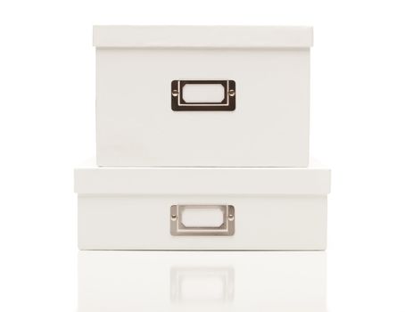 Stacked Blank White File Boxes with Lids Isolated on a White Background Ready for Your Own Message.