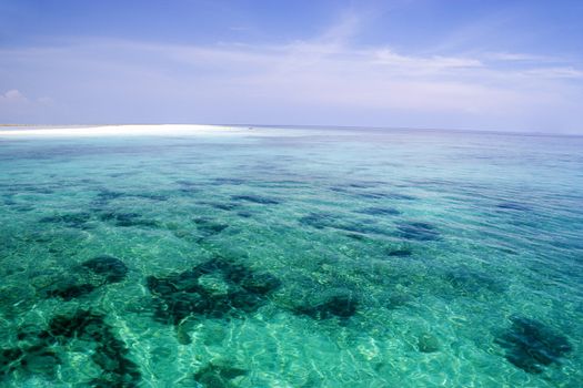 Image of a shallow open sea and sand bar in Malaysian waters.