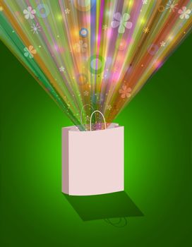 Illustration of colourful flowers and shapes bursting out of a shopping bag