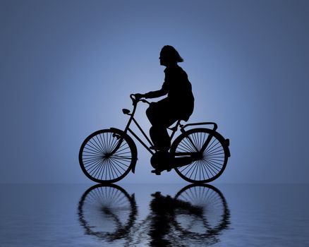 Illustration of a person riding a bicycle over a reflective surface 