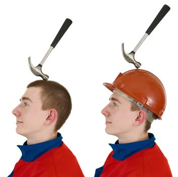 Laborers on the helmet with hammer on a white background