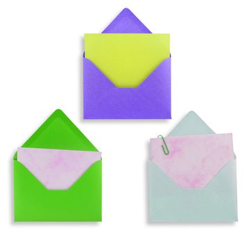 Assorted open envelopes isolated on white background, path provided.