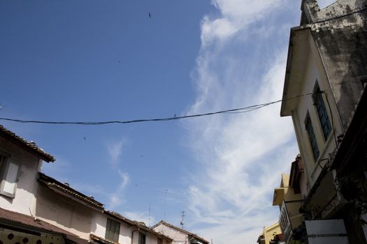 Street view from low angel and blue sky.