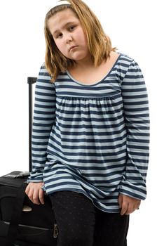 A run away child with her luggage, isolated against a white background