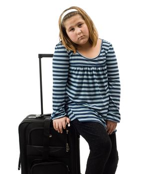 A runaway girl with her luggage, isolated against a white background