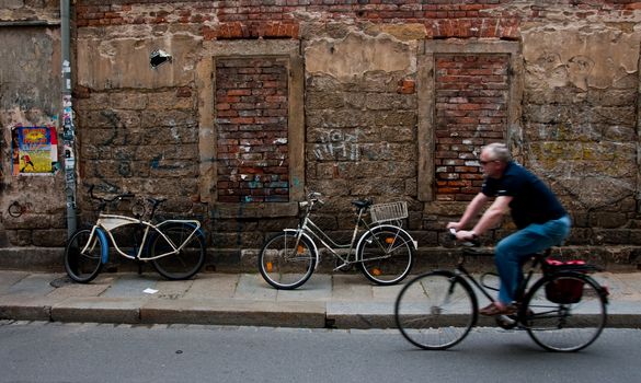 bicycles against brick wall, Dresden, Germany (Neustadt)