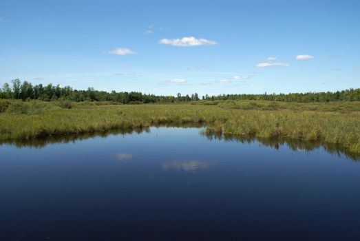 A beautiful landscape of water, field and sky.