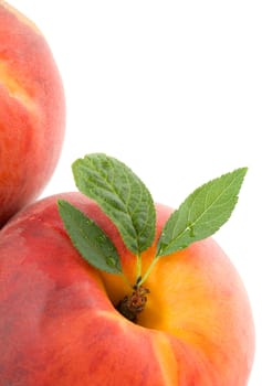 close-up peach with leaves, isolated on white