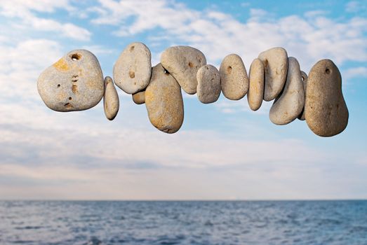 The sea pebble flies over the sea in the summer morning