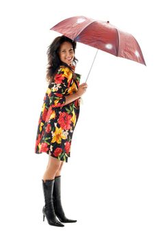 lovely girl in colorful coat with umbrella