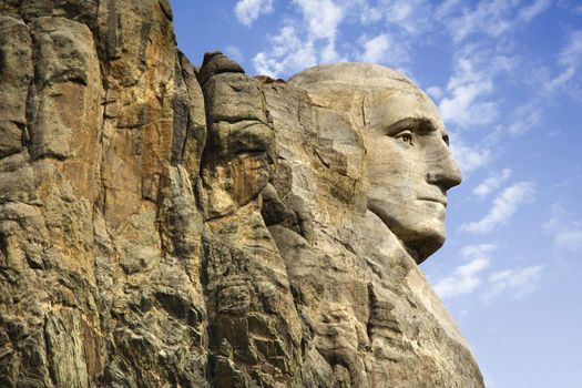 Profile of George Washington carving at Mount Rushmore National Monument, South Dakota.