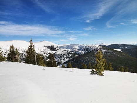 Snow covered mountain landscape.