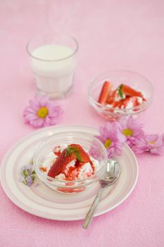 Delicious strawberry dessert with ricotta and flowers
