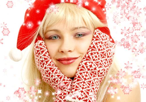 pretty girl in christmas hat with rendered snowflakes
