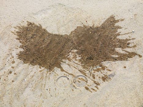 Spilled wine on beach sand with wine glass indentations in foreground.