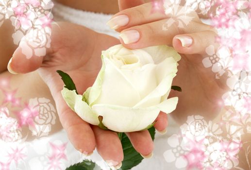 beautiful woman hands with rosebud surrounded by rendered flowers