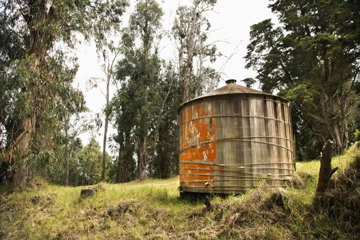 Round rustic storage structure with peeling orange paint.