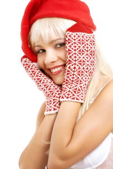 pretty girl in santa helper hat over white