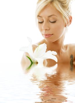 pretty lady with madonna lily in water