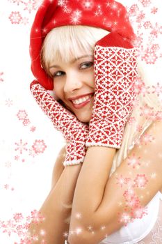 pretty girl in santa helper hat surrounded by rendered snowflakes