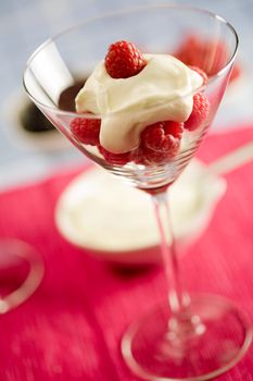 Delicious sweet dessert with whipped cream and raspberries