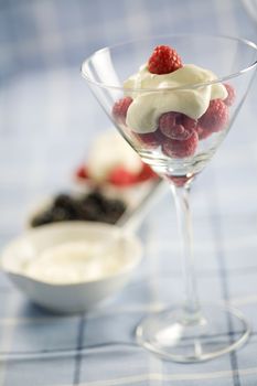 Raspberries with whipped cream in martini glass