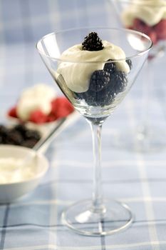 Delicious blackberry dessert with whipped cream
