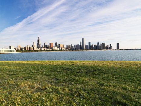 Urban cityscape skyline of Chicago, Illinois on Lake Michigan.