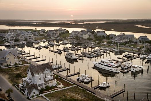 Aerial view of boats at marina on Bald Head Island, North Carolina.