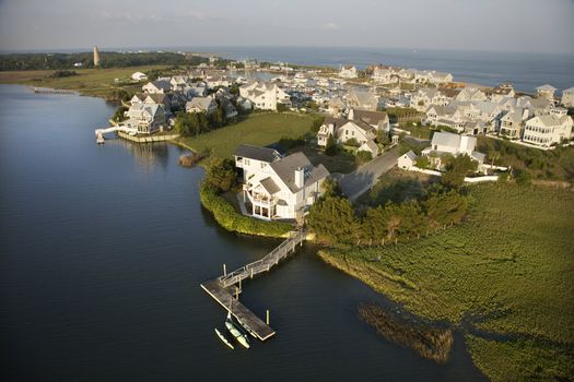 Aerial view of coastal residential community on Bald Head Island, North Carolina.