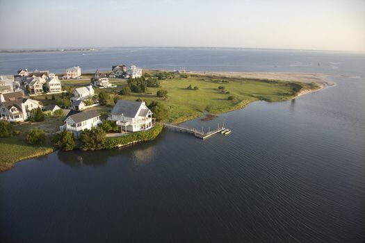 Aerial view of houses and ocean at Bald Head Island, North Carolina.