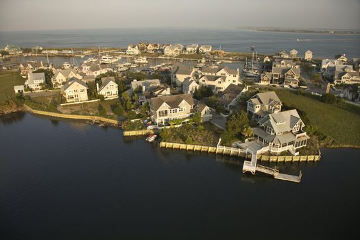 Aerial view of houses and ocean at Bald Head Island, North Carolina.