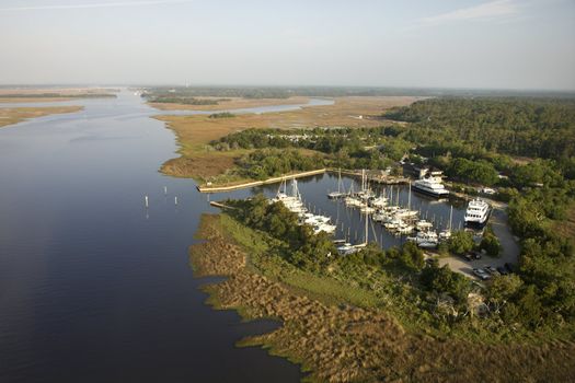 Aerial view of marina in wetlands of Bald Head Island, North Carolina.