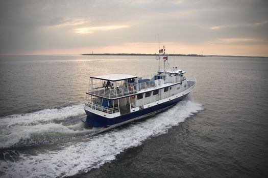 Passenger ferry crossing sea at Bald Head Island, North Carolina.