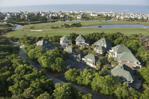 Aerial view of residential community on Bald Head Island, North Carolina.