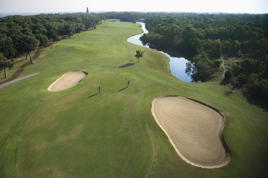 Aerial view of golf course in coastal residential community at Bald Head Island, North Carolina.