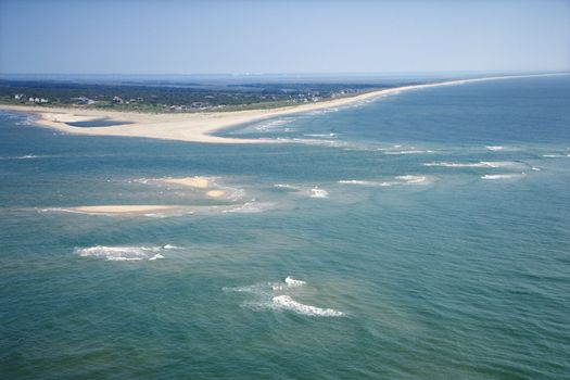 Scenic aerial seascape of beach and island at Baldhead Island, North Carolina.