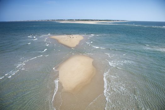 Scenic aerial seascape of beach and island at Baldhead Island, North Carolina.