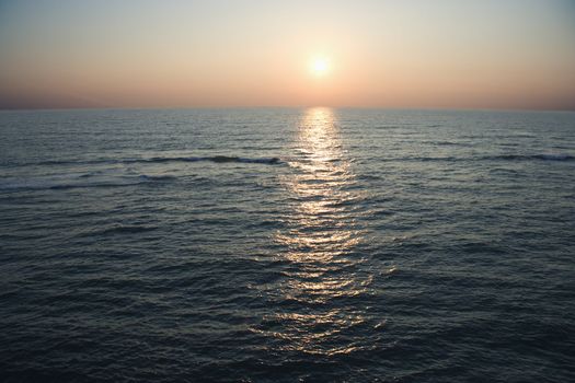 Scenic aerial seascape of ocean during sunset at Baldhead Island, North Carolina.